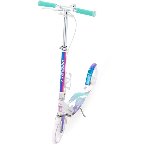 Raven Scooter Kick Scooter for Kids Adults | foldable | adjustable height | carrying strap | bell | bottle holder (Celia White with handbrake, 200mm)