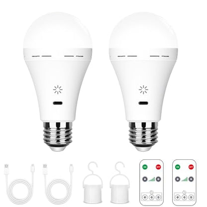 USB-C Rechargeable Bulb With Remote Control, 7W E27 Smart Battery Bulb, Touch Control Dimmable LED Bulbs With Timing Function, Outdoor Camping Emergency Light With Hook, 6500k/2 pack