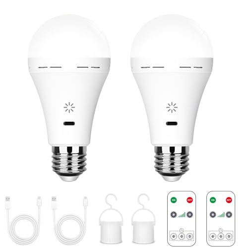 USB-C Rechargeable Bulb With Remote Control, 7W E27 Smart Battery Bulb, Touch Control Dimmable LED Bulbs With Timing Function, Outdoor Camping Emergency Light With Hook, 6500k/2 pack