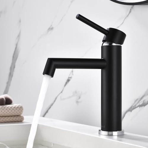 Black Bathroom Faucet, Ulytid Sink Faucet for Bathroom, Stainless Steel Single Handle Basin Tap, Cold & Hot Water Mixer Tap, Basin Faucet with Spout Height 111 mm