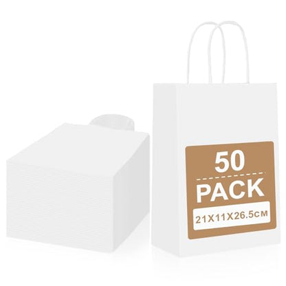 Gucass 50 pieces Medium Paper Bags with Handle, White Kraft Paper Gift Bags, 21x11x27cm Paper Carrier Bag, Gift Bags for Packaging Shopping Birthday Parties Wedding Christmas.