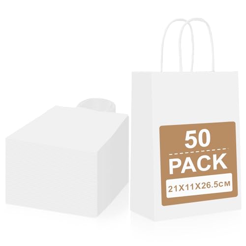 Gucass 50 pieces Medium Paper Bags with Handle, White Kraft Paper Gift Bags, 21x11x27cm Paper Carrier Bag, Gift Bags for Packaging Shopping Birthday Parties Wedding Christmas.