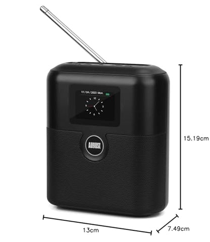 August MB330 Rechargeable DAB+/FM Radio with Bluetooth Speaker - portable clock radio with dual alarm, sleep timer, snooze, LCD color display, EQ, RDS, 60 presets. Digital radio with battery AUX-In/Out.