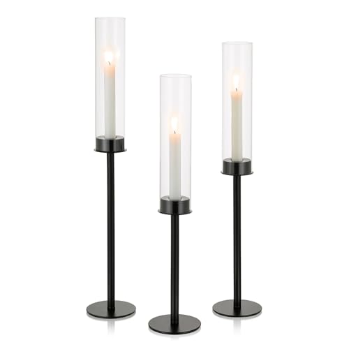 Nuptio glass cylinder candle holder black: 60 & 55 & 50cm clear glass metal candlestick pillar candle holder large baseless cylinder shade wedding table centerpiece