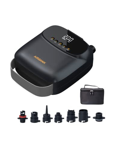 AIRBANK Electric Air Pump SUP Pump with Battery The Buffer Pro, Rechargeable Dual Stage Auto Off Air Pump for Paddleboard, Wing Foil & Kite, Tent, Mattress (Light Gray)