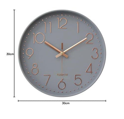 HZDHCLH Funk Wall Clock 30 cm Silent Wall Clock No Ticking Noise, Modern Battery Operated Clock for Home, Kitchen, Living Room, Office, Wall Decoration (Gray Gold)