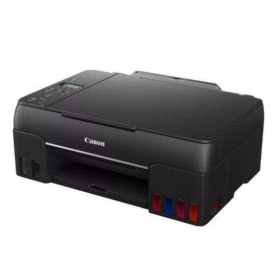 Canon PIXMA G650 MegaTank printer. Inkjet printer with scanner and copier functions. 4,800 x 1,200 dpi resolution, photo printing up to 4x6 inches. Features a LCD display, WLAN, wireless printing, and auto power on/off. Color: black.