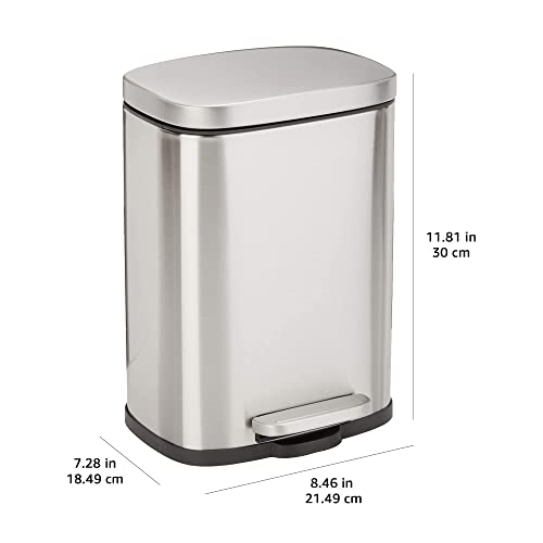 Amazon Basics Mini Waste Bin, rectangular, dirt-repellent, with soft-close foot pedal, brushed stainless steel, for bathrooms and small spaces, 5 liters, satin finish, 18.5 x 21.6 x 29.9 cm (L x W x H)