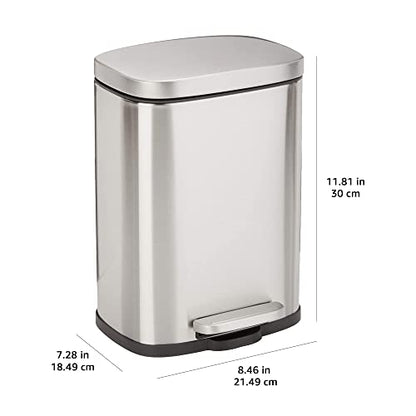 Amazon Basics Mini Waste Bin, rectangular, dirt-repellent, with soft-close foot pedal, brushed stainless steel, for bathrooms and small spaces, 5 liters, satin finish, 18.5 x 21.6 x 29.9 cm (L x W x H)