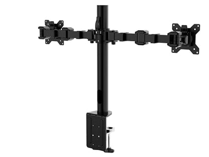 Amazon Basics dual monitor stand with adjustable height, screen tilt, and cable organizer. 360-degree rotation, steel construction, black, 33 to 76 cm.
