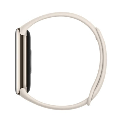 XIAOMI Smart Band 8 Fitness Tracker features a 1.62 Inch AMOLED Display, 16 Days Battery Life, 5ATM water resistance, SpO2 Tracking, Sleep and Pulse Monitoring, 150+ Training Modes, and Pedometer in Champagne Gold color.