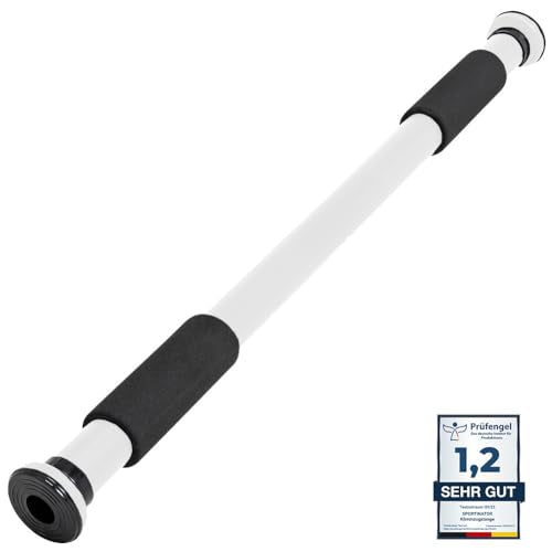 SPORTINATOR® Doorway Pull-Up Bar for your home gym. Length of 60-102 cm, compact, secure & easy to install without drilling, supports up to 150 kg (white)