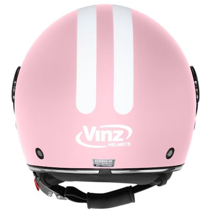 VINZ Parchi Jet Helmet with Dual Visor | Scooter Helmet Fashion with Stripes | Available in sizes XS-XXL | Jet Helmet with Sun Visor | ECE 22.06 Certified | Motorcycle Helmet with Visor - Pink