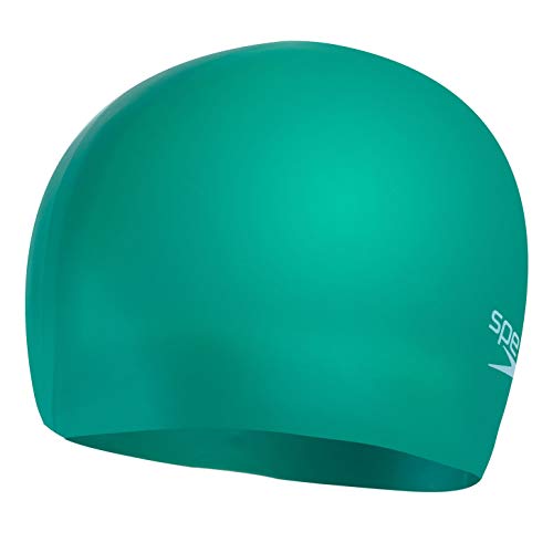 Speedo Junior Plain Moulded Silicone Swimming Cap keeps kids' hair dry. Color: Emerald/Chill Blue, One Size.