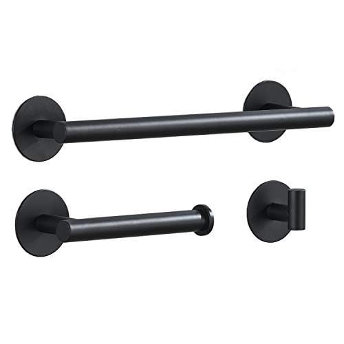 3-piece bathroom accessories set without drilling - matte black adhesive 30cm towel holder with toilet paper holder and towel hooks.