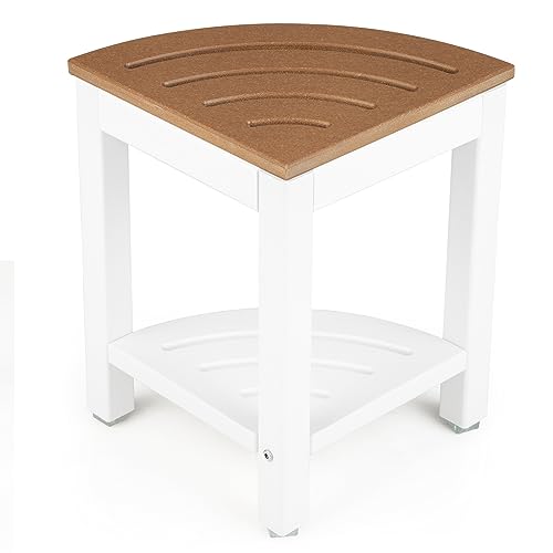 RELAX4LIFE corner shower bench, HDPE shower stool with storage, bathroom footrest for small spaces, waterproof shower stool up to 150kg capacity, 2-tier organizer for indoor showers, brown + white.