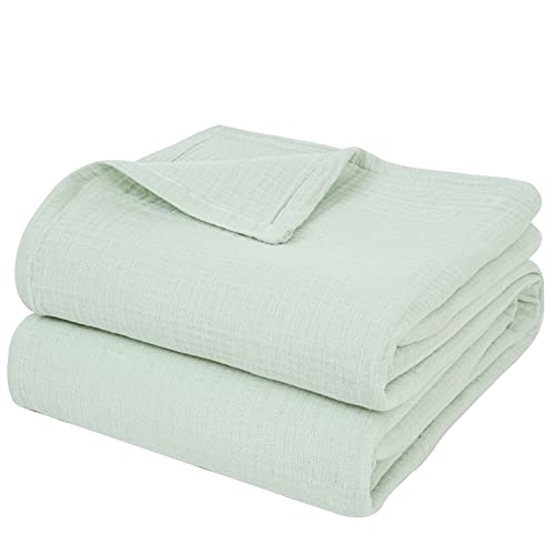100% cotton muslin blanket 130x150cm, 4-layer soft skin-friendly & breathable bedspread, year-round comfort sage green sofa throw couch cover for bed sofa, Matcha green