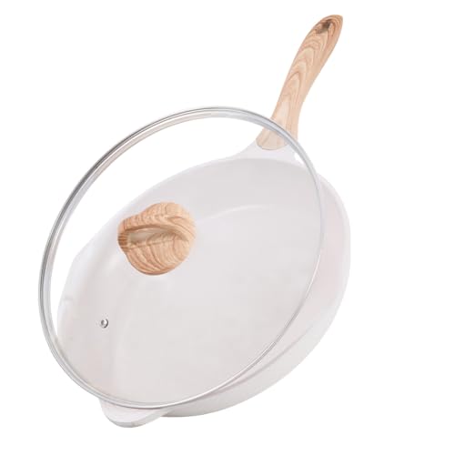 JEETEE Aluminum Frying Pan 20 cm Glass Lid, Pan with Non-Stick Coating, Induction Gas Electric Oven, Coated Frying Pans, Induction Pan with Handle, frying & cooking, PFOA-free (beige)