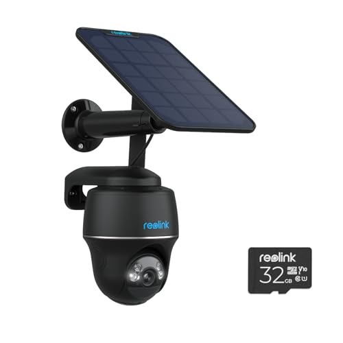 Reolink 3G/4G LTE surveillance camera with SIM card slot, 5MP 355°/140° PTZ solar camera outdoor, color night vision, person/animal detection, alarm filtering, Go PT Plus Black + solar panel + 32GB microSD.