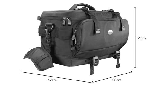 Mantona New York camera bag with internal compartments. Ideal for lenses, mirrorless cameras, and DSLRs. Provides storage for camera accessories, with rain cover and shoulder strap.