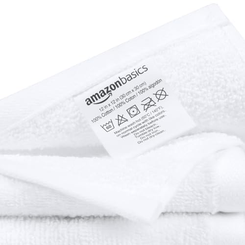 Amazon Basics face towels for bathroom, 100% cotton, highly absorbent washcloths, quick-drying, towels for beauty salon, 30 x 30 cm, 12-pack, white.