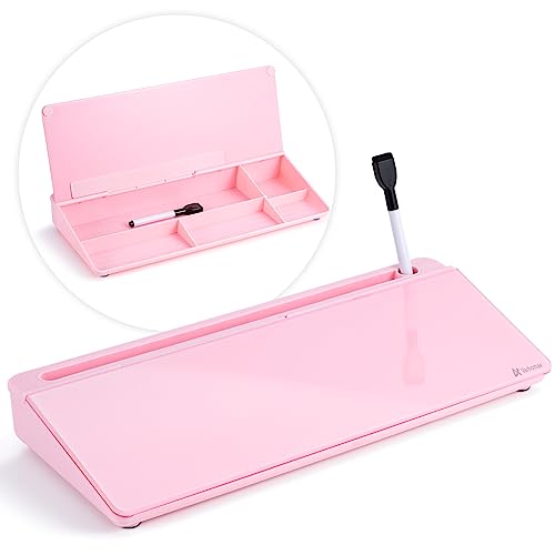Varhomax Desk Organizer, Desktop Whiteboard Glass Pink With Storage Erasable, To Do List, Note Pad and Keyboard Stand for Home Office, Office and School Supplies