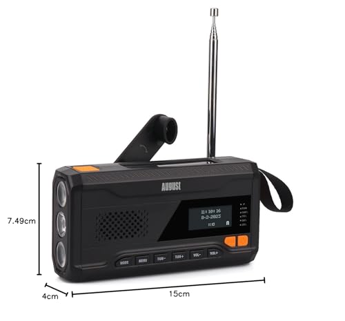 August MB290B Crank Radio DAB/FM/Bluetooth - Solar Radio 4500mAh Rechargeable Power Bank, 3 Modes LED Flashlight Sleep Timer SOS Alarm 3.5mm Emergency Radio with Hand Crank for Camping Hiking Camping.