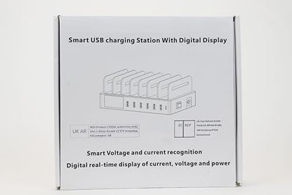 Charging station for multiple devices with 7 ports. Includes 7 short cables. Multi-device charging dock, 70W QC3.0 desktop station compatible with iPhone, iPad, Samsung, and other smartphones.