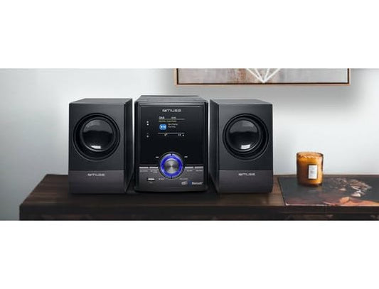 Muse stereo system, compact system with CD player & DAB radio, mini stereo system with 2 speakers, music system with FM/DAB/DAB+ digital radio, Bluetooth & AUX, MP3 & Spotify, compact music system.