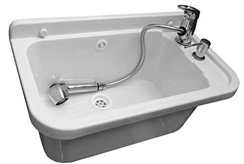 Household sink with battery faucet, soap dispenser, plastic basin with faucet hole, sink with soap dispenser, siphon, sink including accessories, laundry room white.