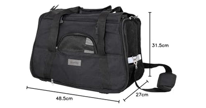 lionto foldable dog carrier for travel with handles & shoulder strap, 48.5x27x31.5 cm, made of durable Oxford fabric & mesh, cat carrier with soft cushion for plane, black