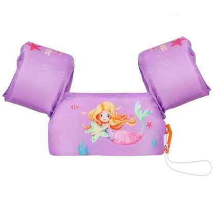 MoKo Kids Arm Floaties, Cartoon Floating Swimsuit Swim Training Jacket with Buckle for Boys Girls, 20 to 50 lbs - Purple & Star Mermaid