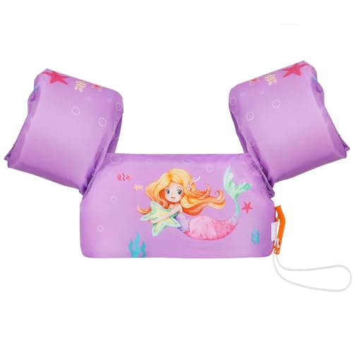 MoKo Kids Arm Floaties, Cartoon Floating Swimsuit Swim Training Jacket with Buckle for Boys Girls, 20 to 50 lbs - Purple & Star Mermaid