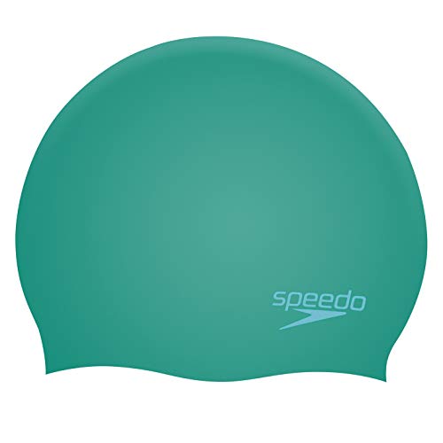 Speedo Junior Plain Moulded Silicone Swimming Cap keeps kids' hair dry. Color: Emerald/Chill Blue, One Size.