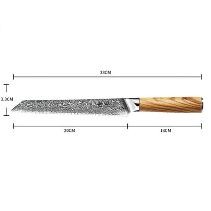 Wakoli Oribu bread knife with 20cm blade made of 67 layers of Damascus steel, olive wood handle. Sharp bread slicing knife for bread, rolls & crust. Kitchen knife including gift box.