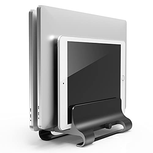 The aluminum vertical laptop stand, 3-slot space-saving adjustable notebook stand for iPad, MacBook & laptops up to 17.3 inches (gray)