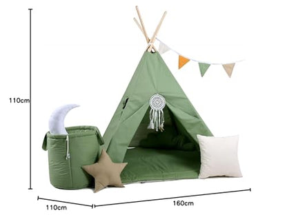 Children's Teepee Tipi Set for kids, indoor/outdoor play tent, 8 elements including teepee, Indian tipi with window, etc. (with accessories forest spirit)