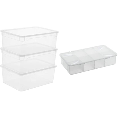 Rotho Clear 3-piece storage box set 10l with lid, plastic (PP), 3 x 10l & Snappy storage box 3l with compartments and lid, plastic (PP) BPA-free, transparent, 3l (33 x 19 x 7.6 cm)