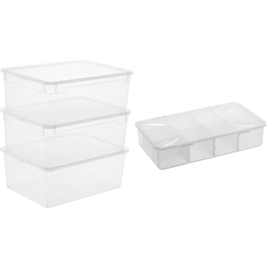 Rotho Clear 3-piece storage box set 10l with lid, plastic (PP), 3 x 10l & Snappy storage box 3l with compartments and lid, plastic (PP) BPA-free, transparent, 3l (33 x 19 x 7.6 cm)