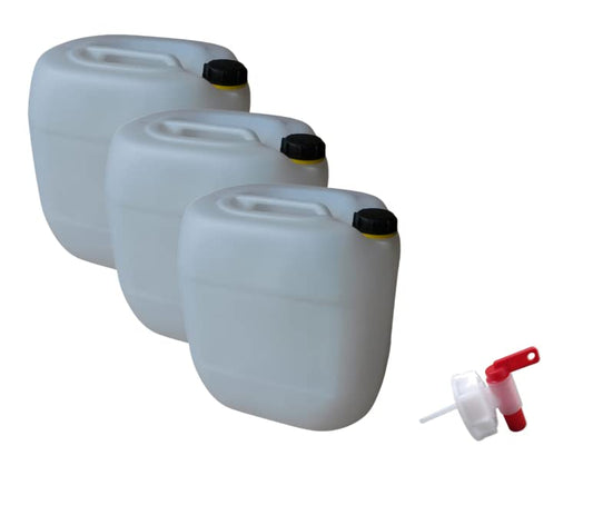 Kanister-vertrieb® 3 pieces 30L jerry can Water jerry can Plastic jerry can natural DIN61 + Tap + Labels