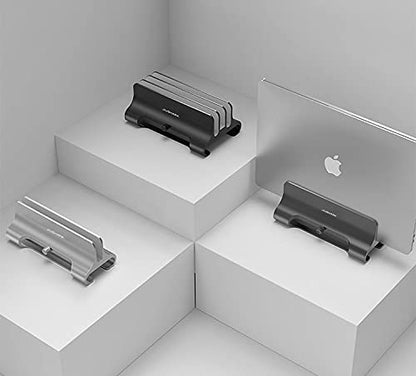 The aluminum vertical laptop stand, 3-slot space-saving adjustable notebook stand for iPad, MacBook & laptops up to 17.3 inches (gray)