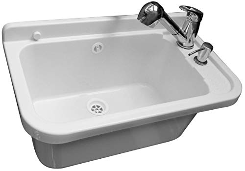 Household sink with battery faucet, soap dispenser, plastic basin with faucet hole, sink with soap dispenser, siphon, sink including accessories, laundry room white.