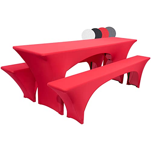 Beautissu Elegant Stretch Cover Set 3pcs. Victoria - Elastic covers for beer tent set 220x70 cm - Festive cover beer table + 2 beer bench - Beer tent set covers in red