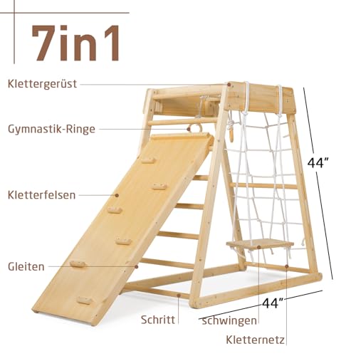 Indoor climbing frame for toddlers made of high-quality pine wood. Features a 7-in-1 set with climbing frame, triangular climbing ramp, slide, swing, rope ladder, rock wall, and dome.