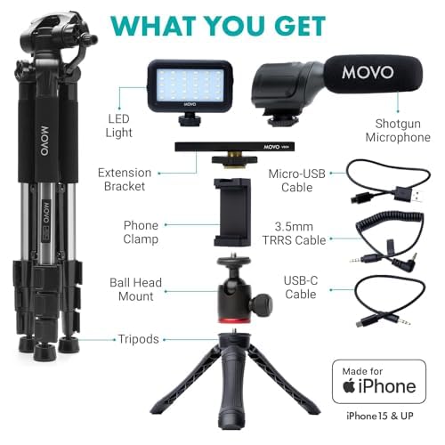 Movo uVlogger Android/USB-C/iPhone 15 compatible Vlogging Kit with full-size tripod - YouTube starter kit for content creators - Accessories: tripods, phone holder, light, shotgun microphone