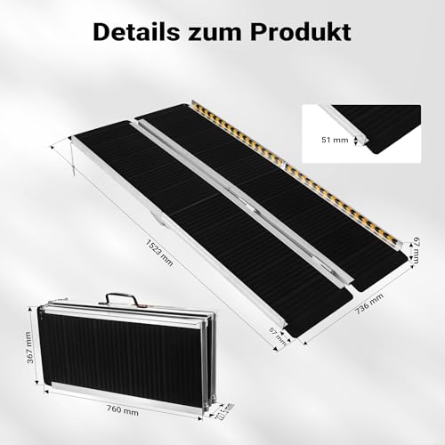 Wiltec wheelchair ramp double foldable 152cm 270kg, mobile access ramp with non-slip surface as roll ramp, aluminum suitcase ramp