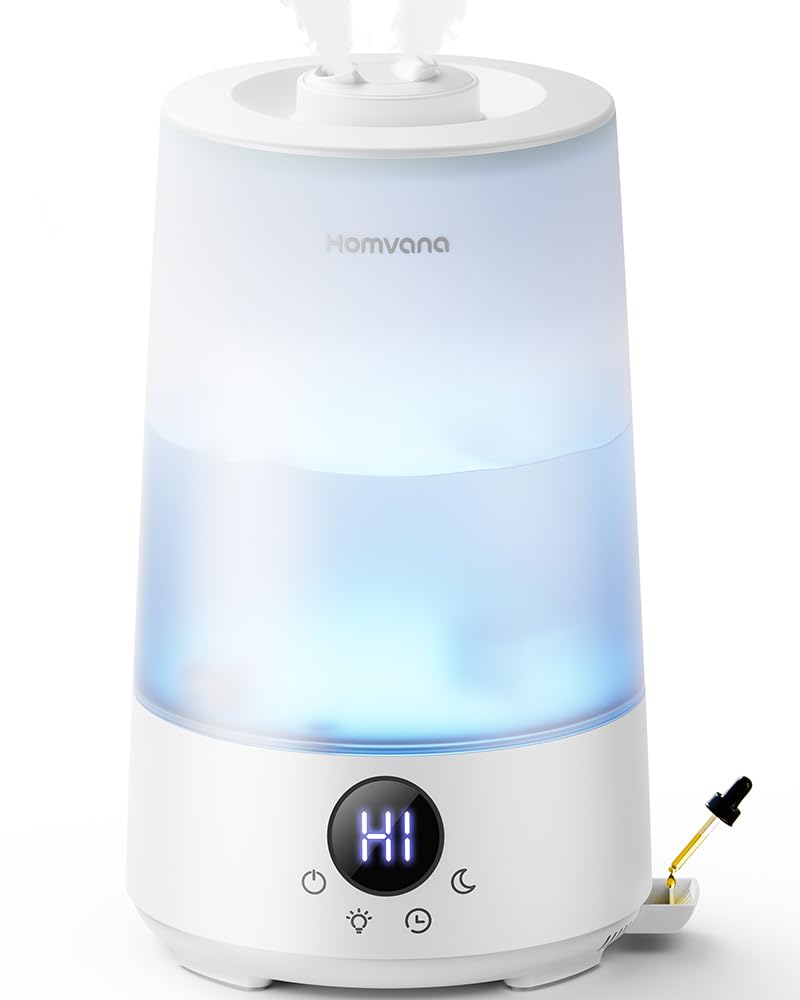 Homvana humidifier bedroom top-fill, 3.6L 360° cool mist 34H long-lasting, quiet 16dB (SilentSpary Tech) small, humidifier small, baby, diffuser nursery, ultrasonic room humidifier (white)