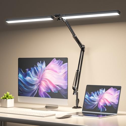 CHICLEW 24W LED Desk Lamp, Dual-Head Gooseneck Table Lamp Dimmable, 3 Color Temperatures & Stepless Dimming Reading Lamp, Eye-Care Clamp Lamp, Work Lamp Architect Lamp for Home/Office