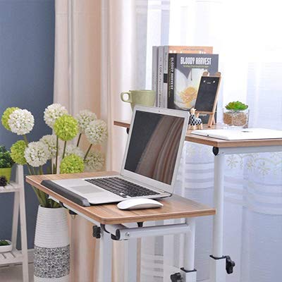 Sogesfurniture adjustable height computer desk laptop table with wheels, mobile desk PC table notebook table laptop stand for home and office, oak