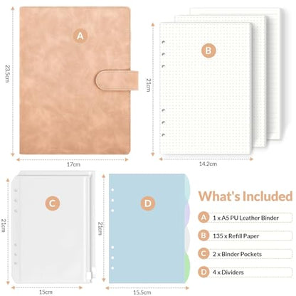 SKYDYE A5 ring binder, refillable A5 ring binder, 135 sheets of A5 refill paper, A5 notebook with binder pockets, A5 binder for school notes and travel diaries (pink)